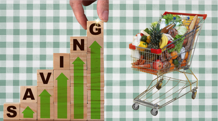 Image of grocery cart full of groceries and steps to saving money